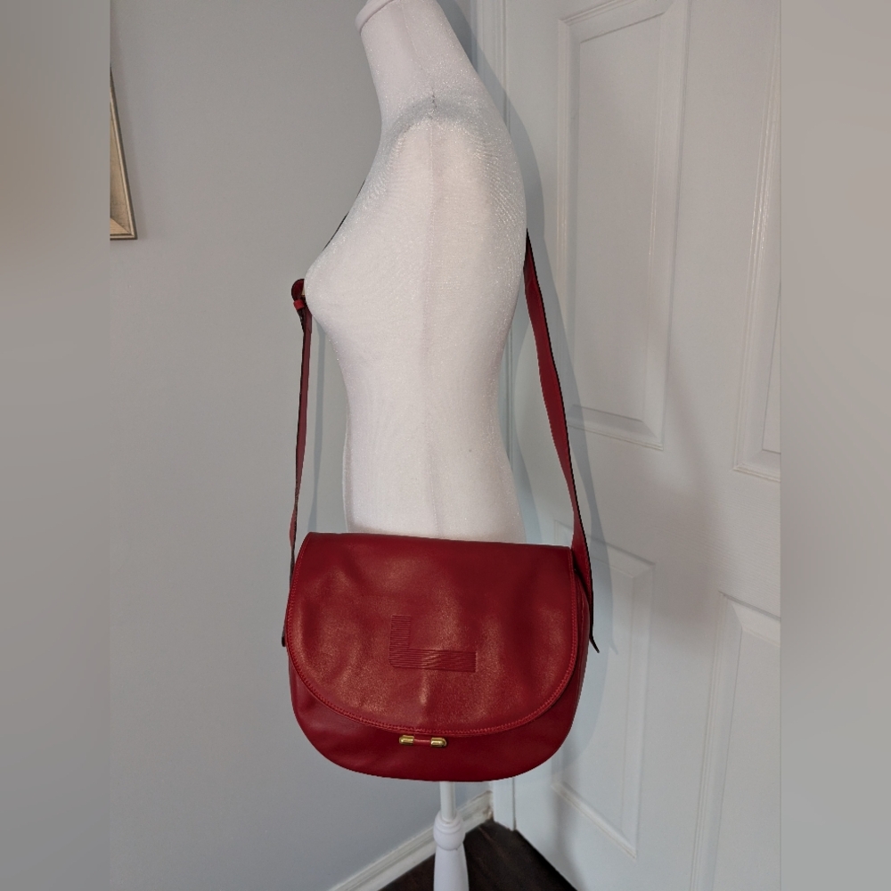 Lancel Paris Red Leather Flap Crossbody Bag Suede Interior Gold Hardware